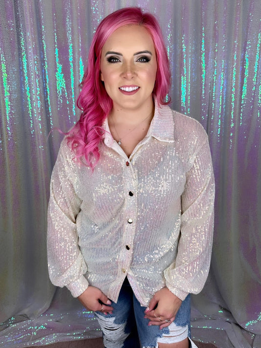 Sequin Button Up Top (Nude)