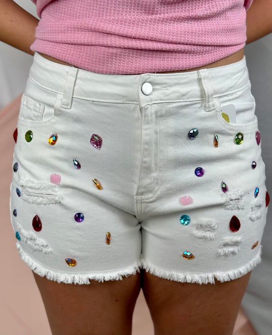 White Jeweled Denim Shorts